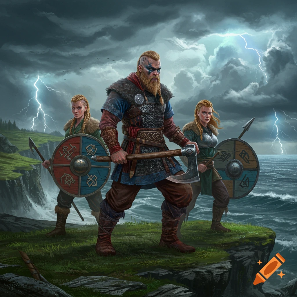 A male Viking warrior and two female shieldmaidens stand on a stormy cliff overlooking the sea, with lightning in the sky.