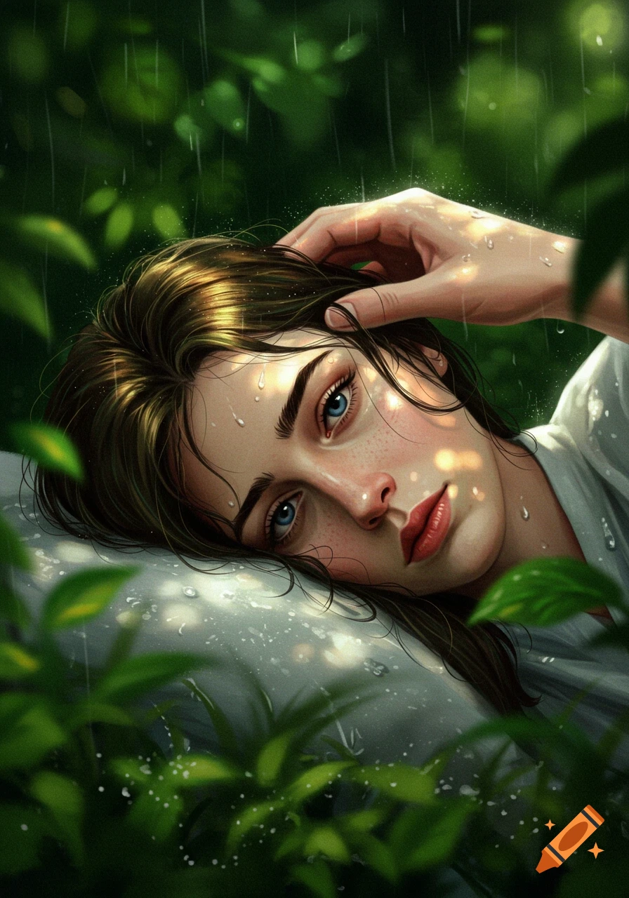 Stylized portrait of a woman with blue eyes and brown hair, a hand brushing her hair, with raindrops and green foliage.