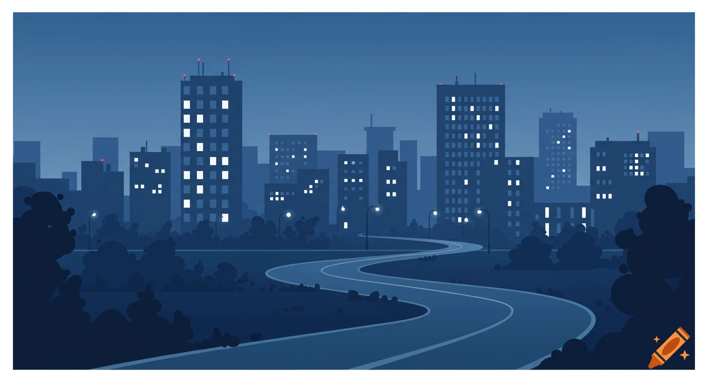 Stylized illustration of a city at night with a winding road leading towards the buildings under a dark blue sky.