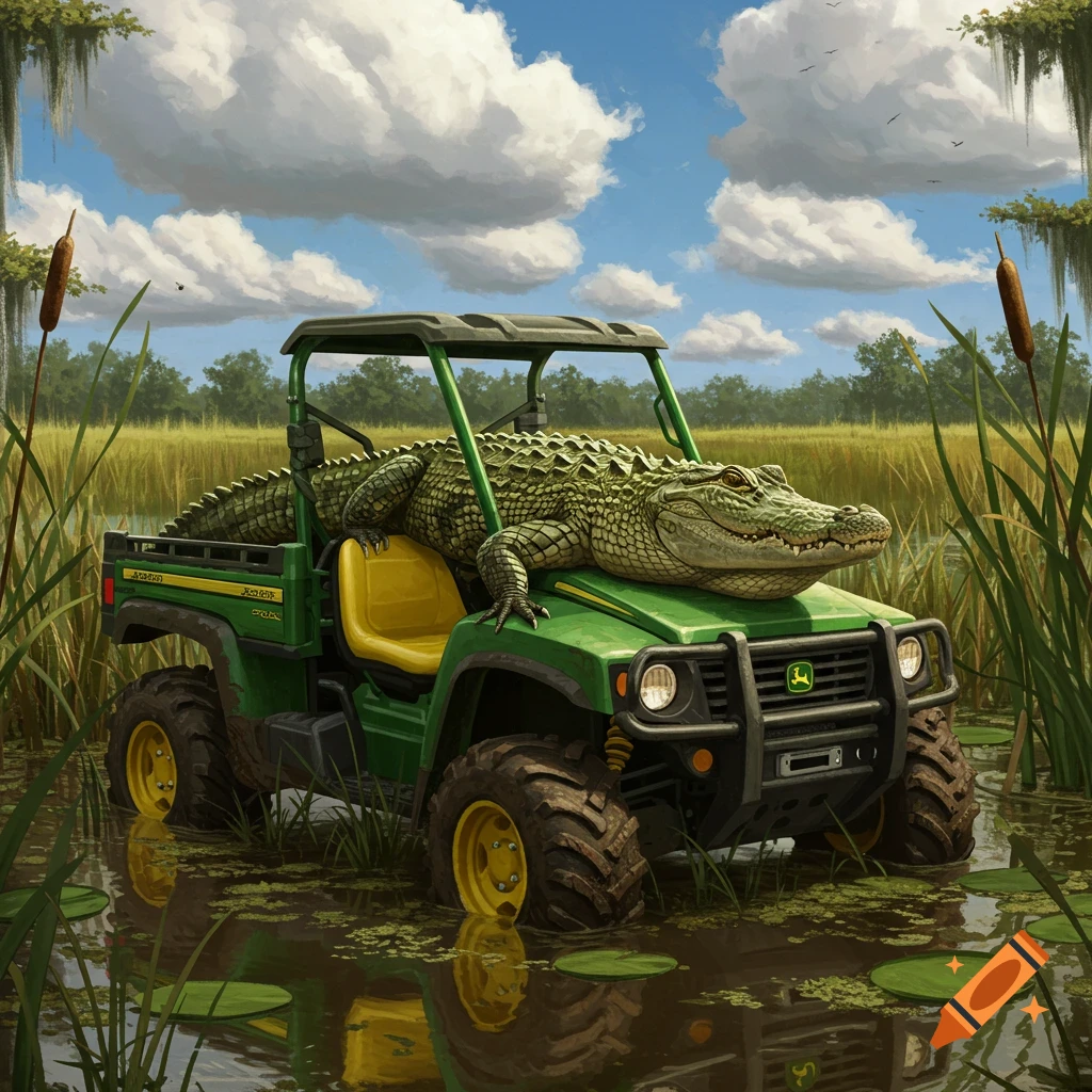 A large green alligator rests on the hood of a green John Deere Gator ATV in a sunlit swamp with tall reeds.