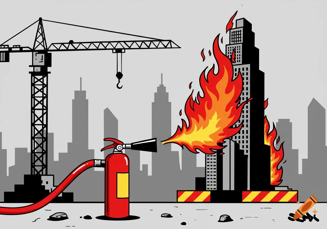 A humorous Banksy-style cartoon showing a large fire extinguisher spraying fire onto a burning skyscraper, with a construction crane in the background.