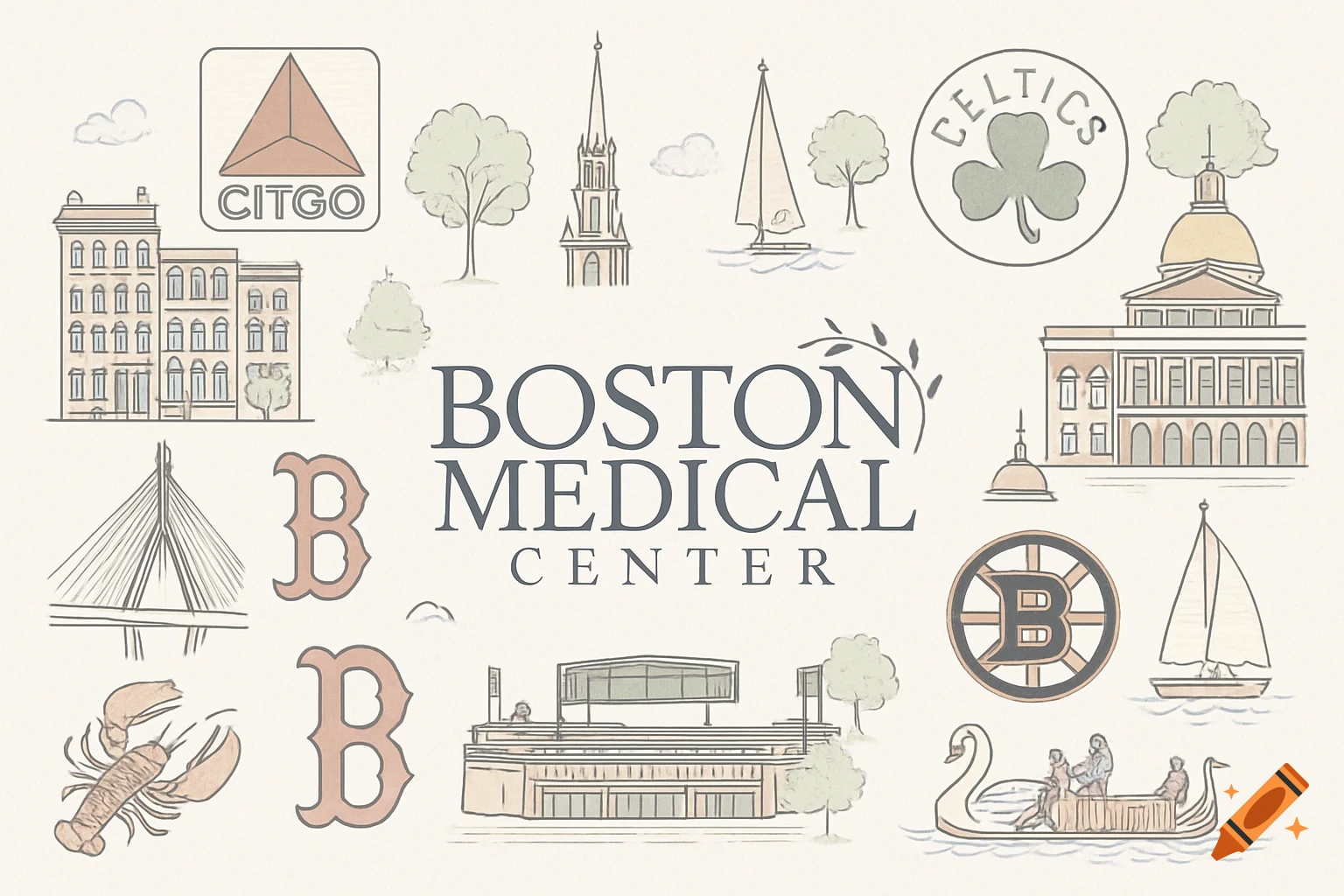 Fine line art illustration of Boston landmarks and symbols including the Boston Medical Center logo, Citgo sign, Celtics logo, and Bruins logo.