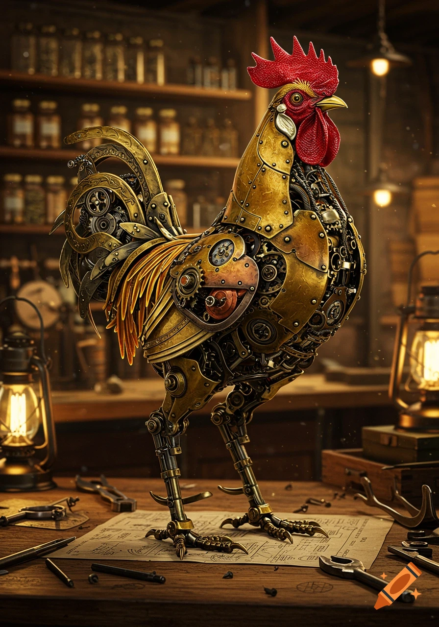 A majestic steampunk rooster made of brass and gears stands on a blueprint.