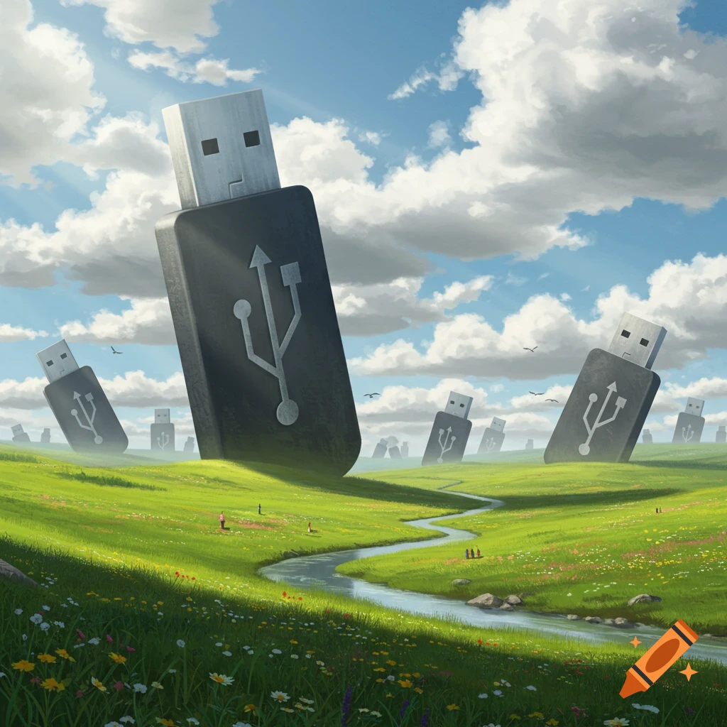 Surreal landscape with giant USB sticks in a green field with a winding river under a cloudy sky.