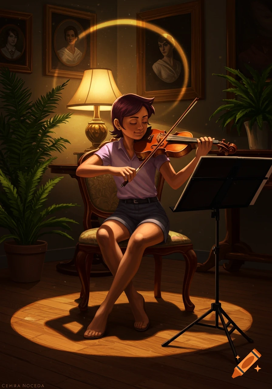 Anime character Luz Noceda sits barefoot, playing a violin in a warmly lit room with plants and framed portraits.