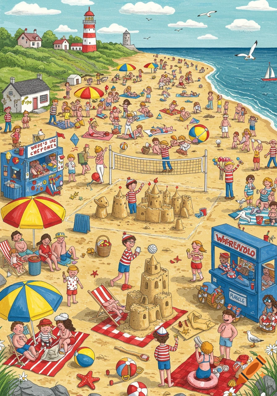 A crowded, cartoonish beach illustration, similar to Where's Waldo, with many people, sandcastles, umbrellas, and food stands. A lighthouse is in the background.