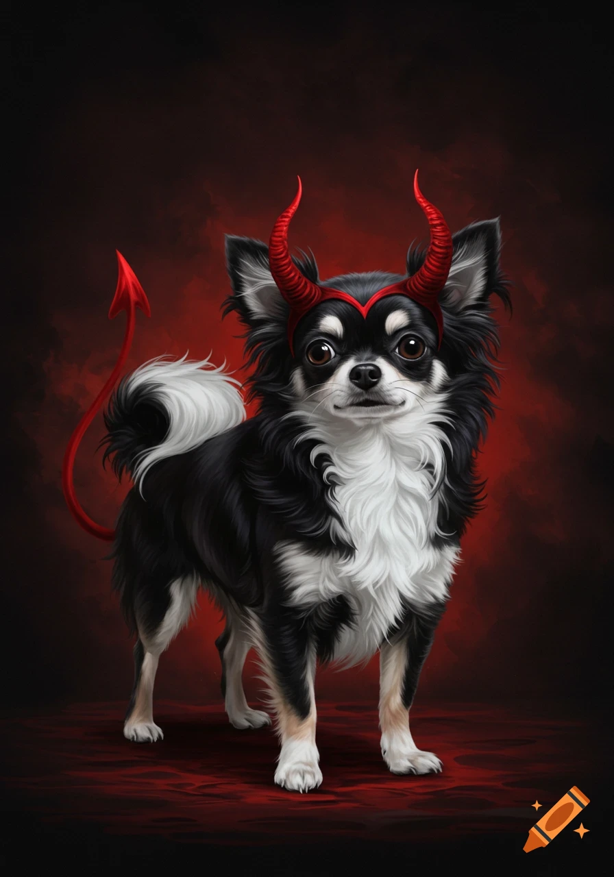 A fluffy black and white long-haired Chihuahua wearing red devil horns and a matching devil tail, standing against a dark red background.