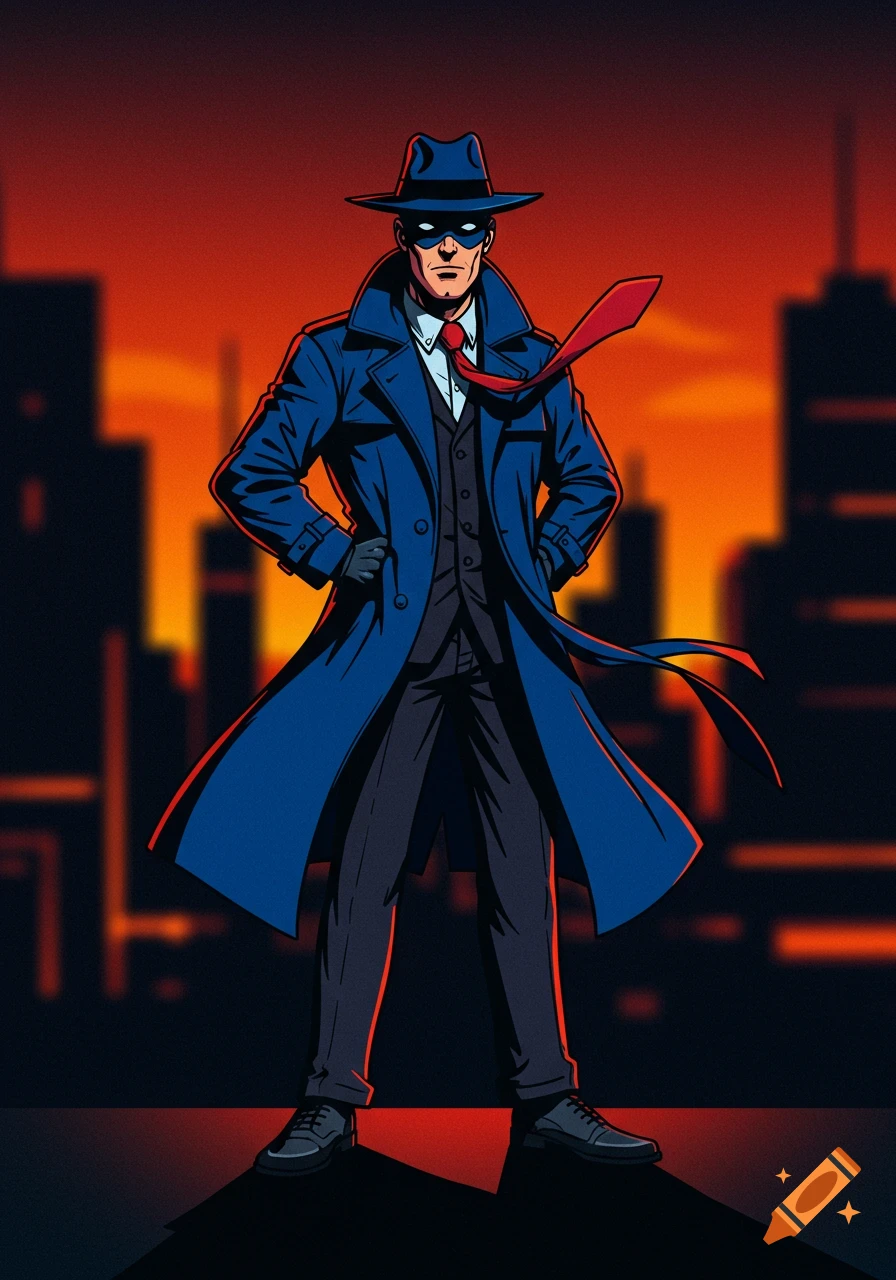 A masked heroic figure in a blue trench coat, fedora, and red tie stands confidently against an orange and red cityscape in a graphic novel style.