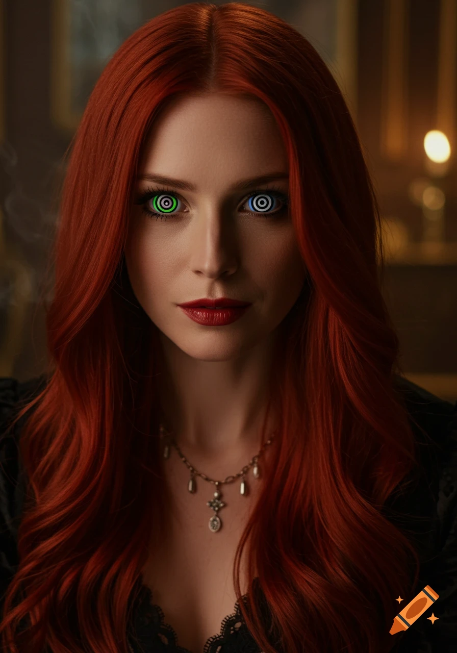 A close-up portrait of a woman with long wavy red hair and piercing green and blue hypnotic eyes.