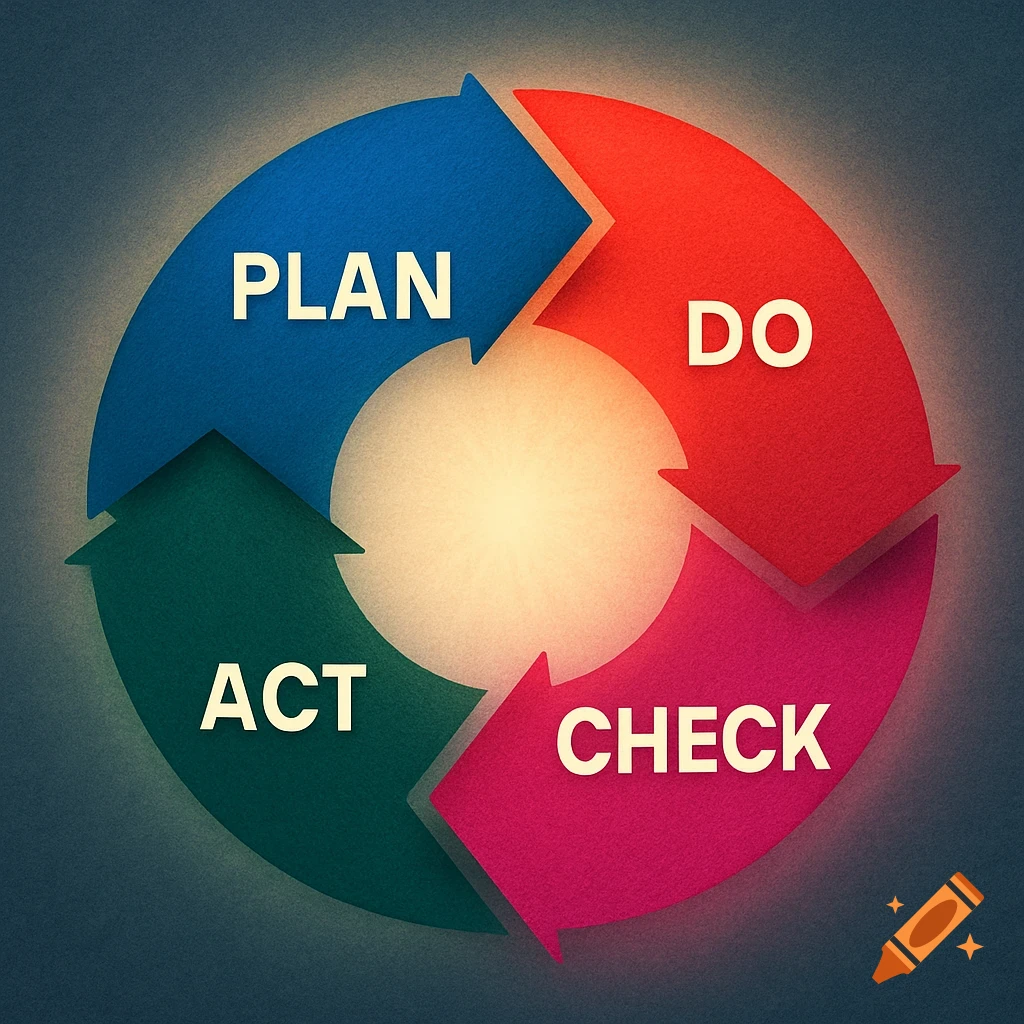 Colorful circular diagram of the PDCA cycle with blue PLAN, red DO, pink CHECK, and green ACT arrows.