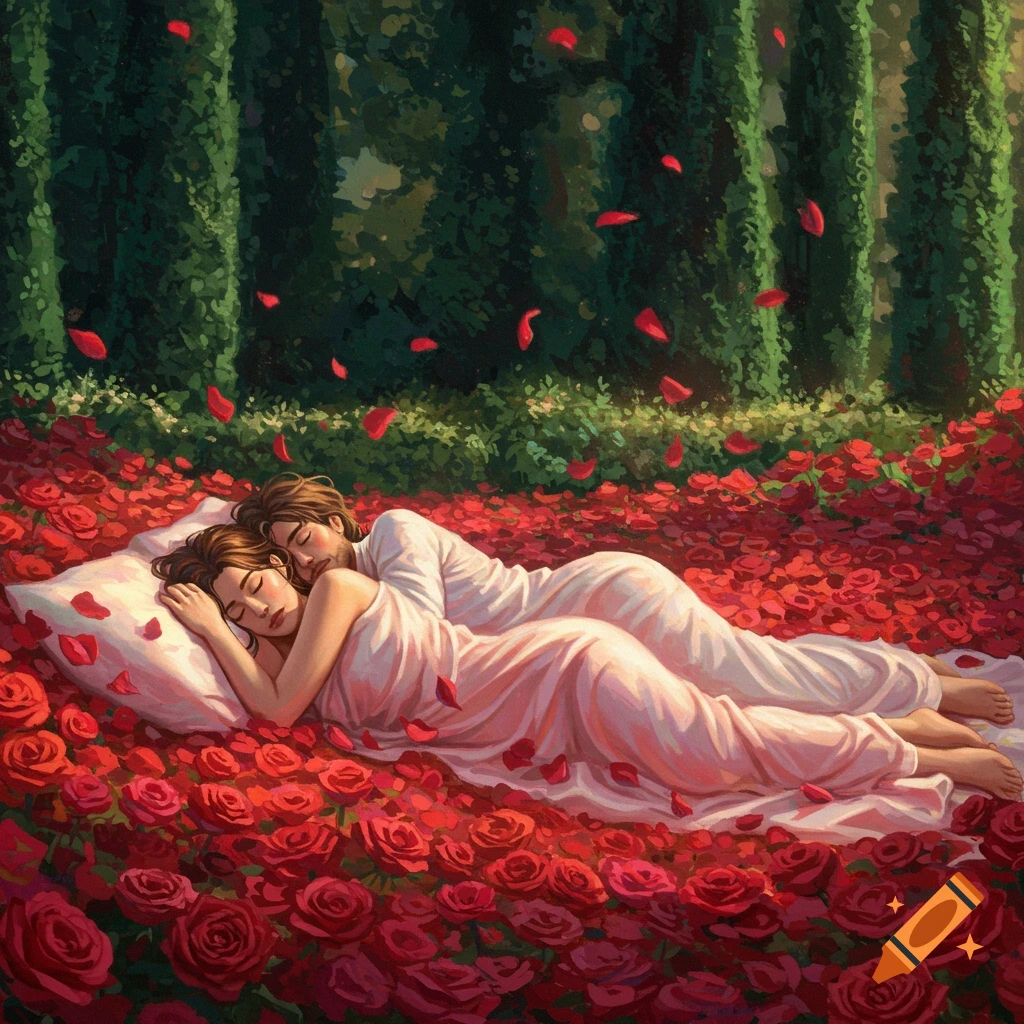A romantic illustration of a couple sleeping peacefully on a vast bed of red roses, with petals falling from trees.
