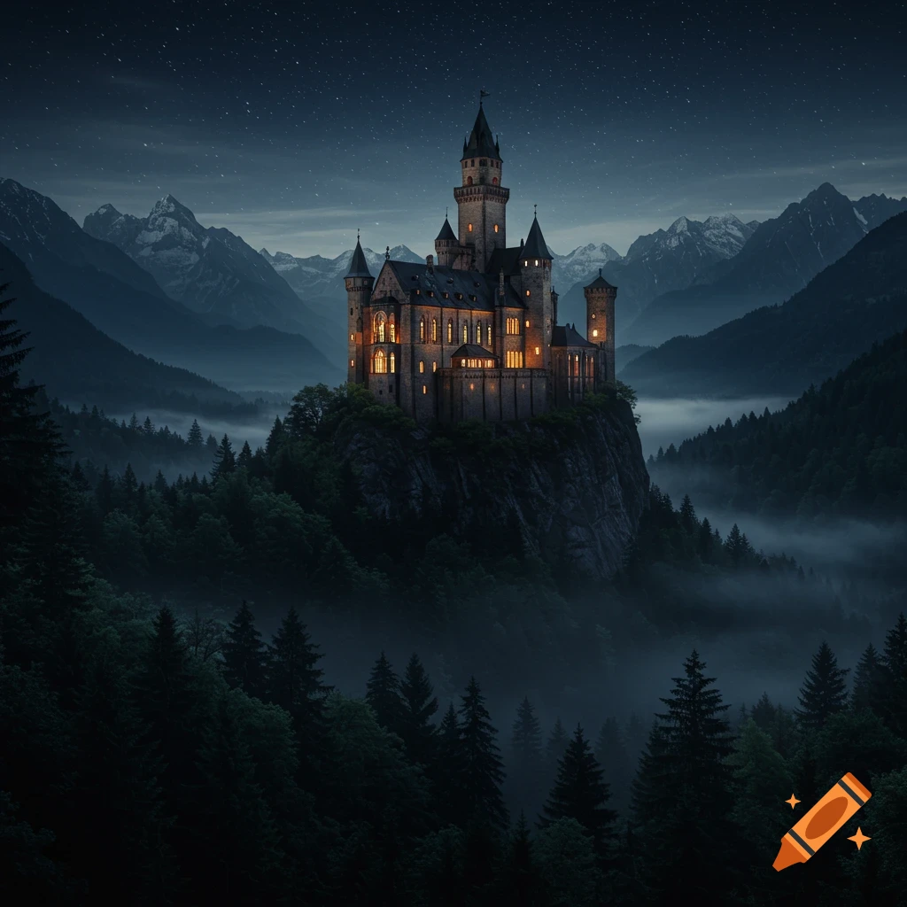 A majestic castle, lit with warm lights, sits atop a craggy cliff overlooking a mystical forest shrouded in fog under a starry night sky with towering mountains in the background.