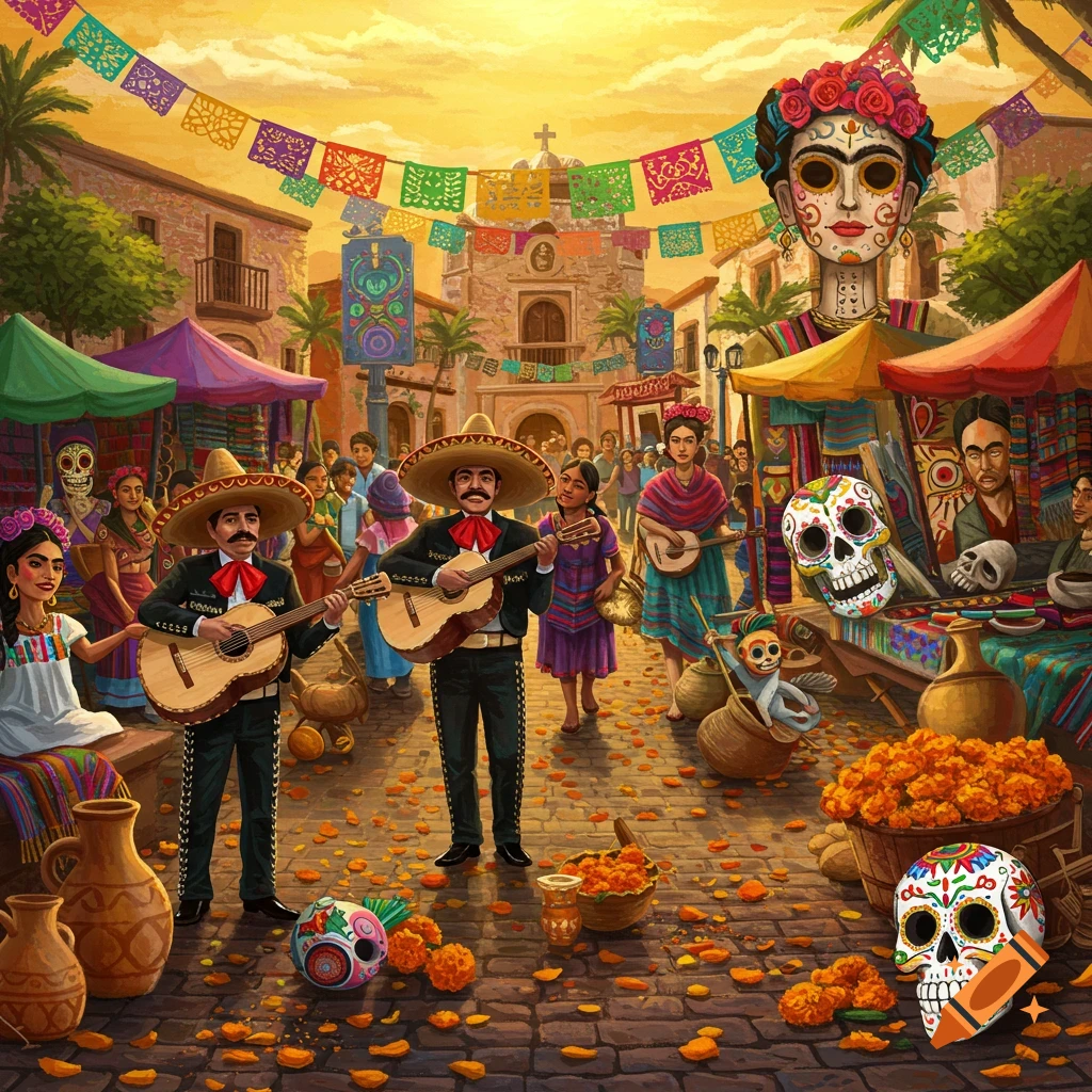 Colorful illustration of a bustling Mexican street festival with mariachi musicians, decorated calaveras, and market stalls under a golden sky.