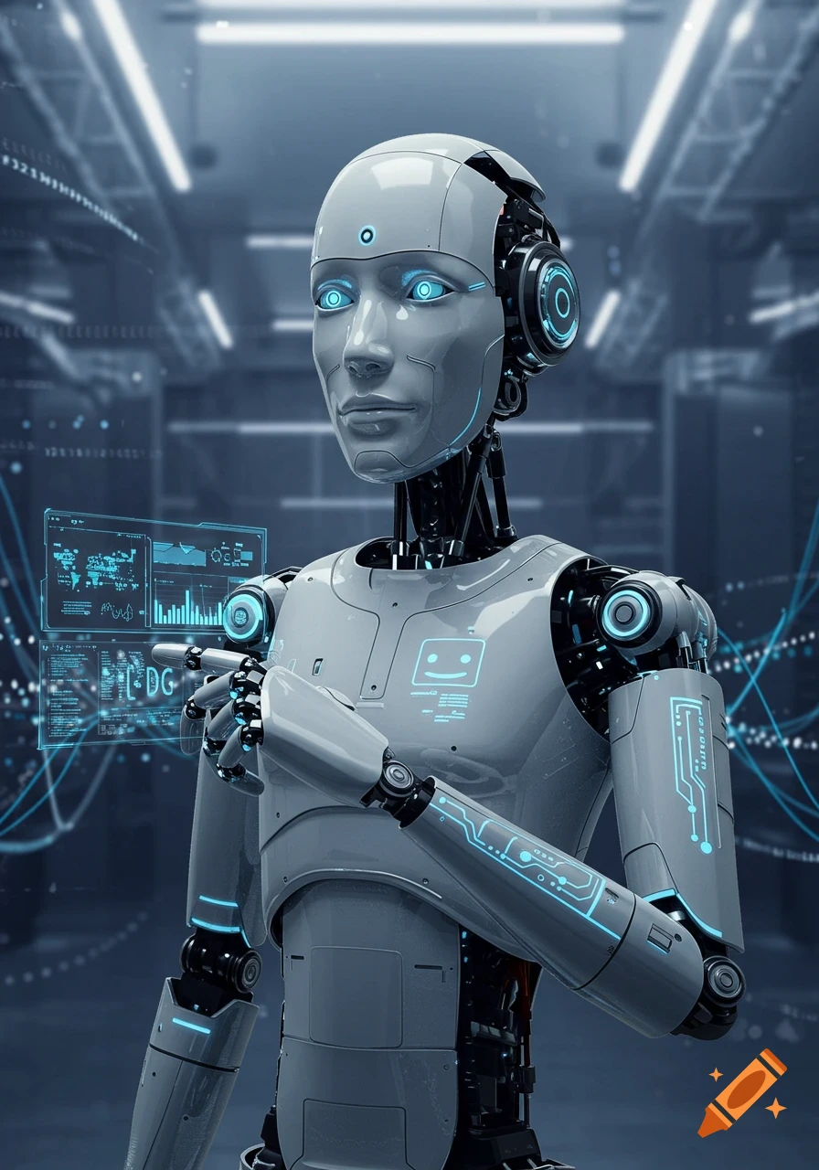 A sleek, white and grey humanoid robot with glowing blue eyes and accents interacts with holographic data screens in a futuristic server room.