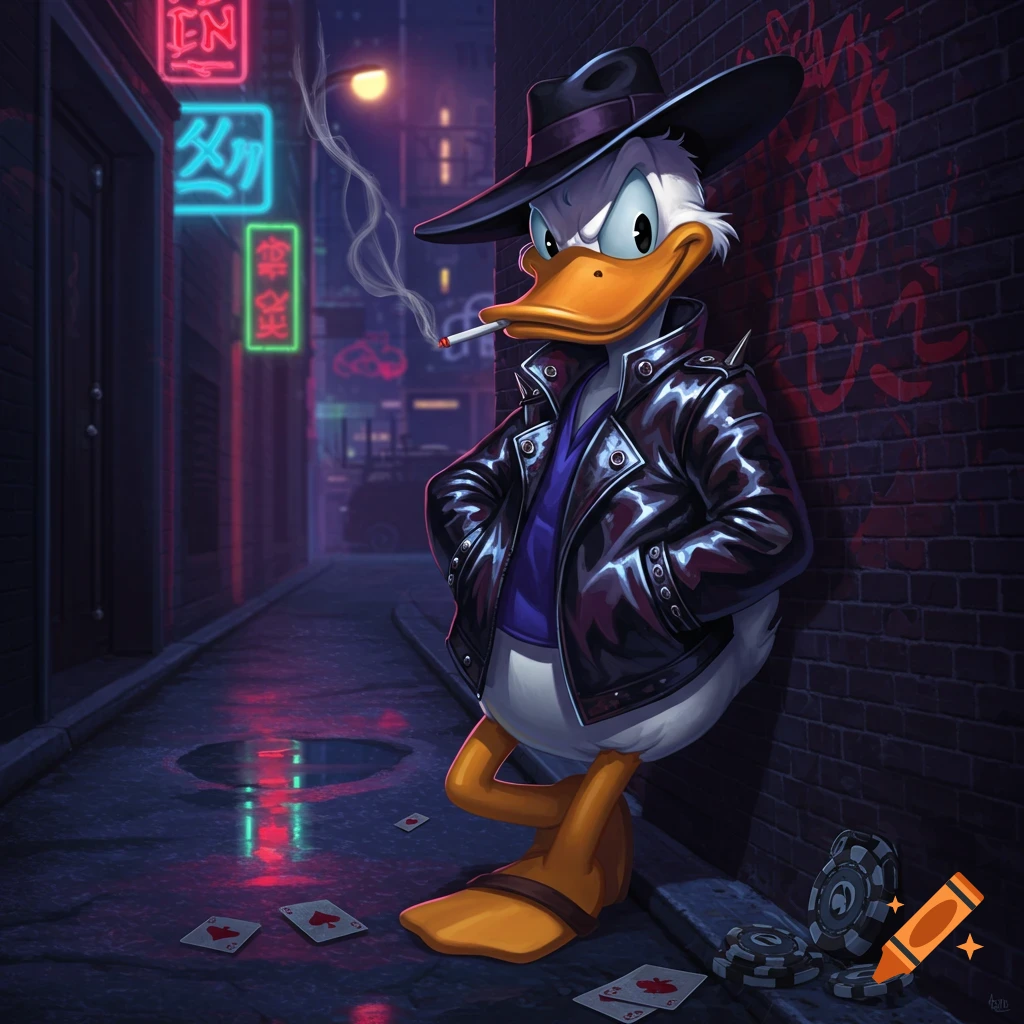 Donald Duck in a black hat and leather jacket, smoking, leaning against a brick wall in a neon-lit alley with playing cards and poker chips on the ground.