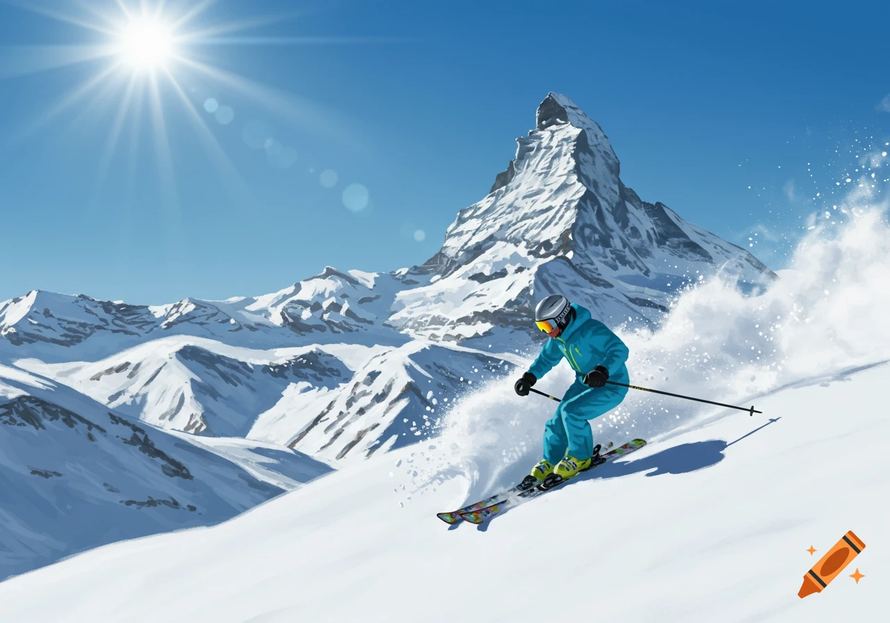 A person in a blue ski suit skis down a snowy mountain slope under a bright sun, with a prominent snowy peak in the background.