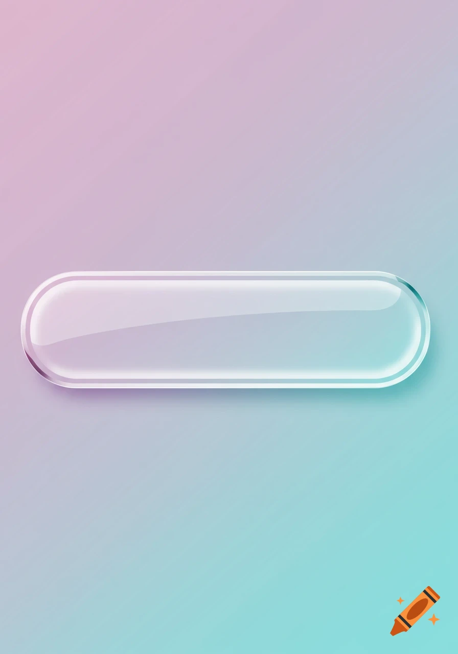 A translucent, glass-like rectangular button with rounded corners on a soft pink and blue gradient background.