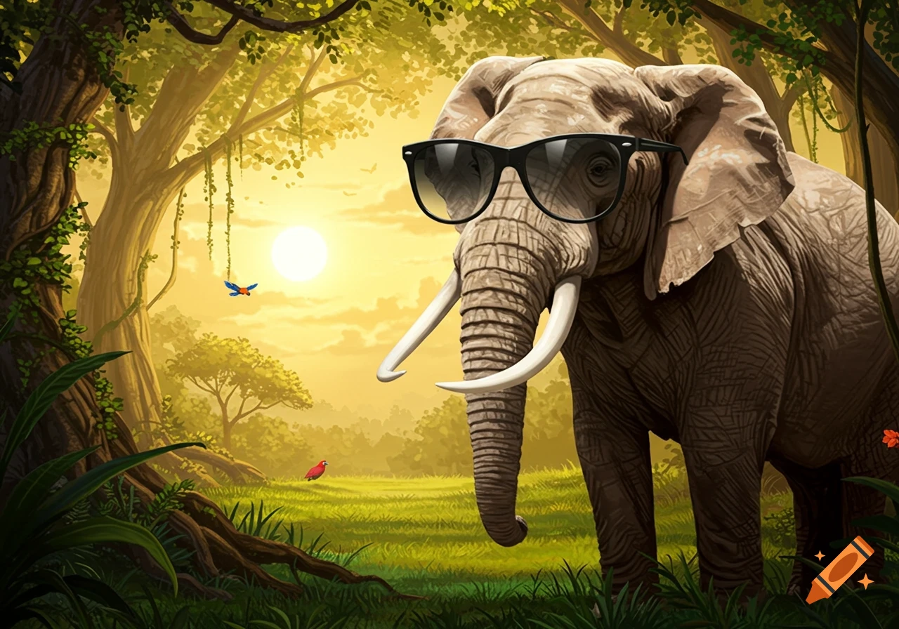An illustrated elephant wearing sunglasses stands in a vibrant, lush jungle at sunset.