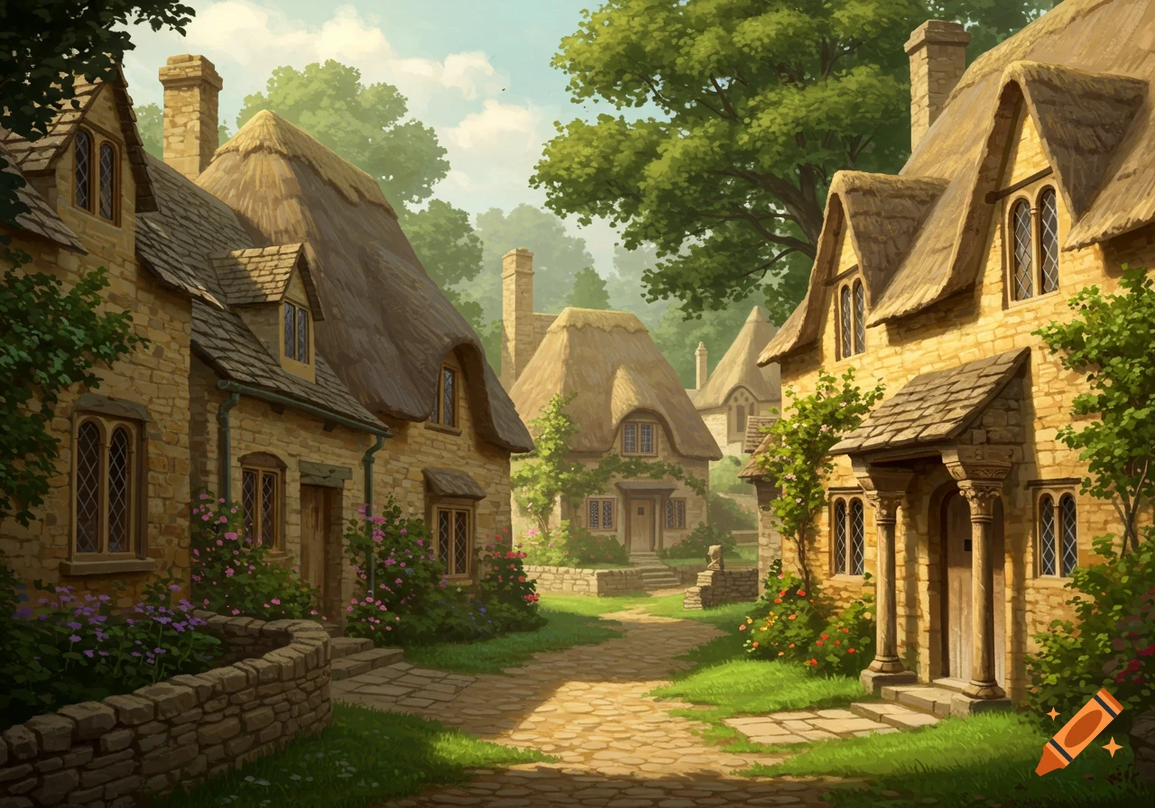 A picturesque village scene with stone cottages, thatched roofs, lush greenery, and a cobblestone path under a bright sky.