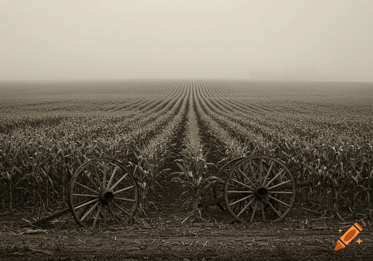 Sepia-toned photograph of a foggy cornfield with two antique wooden wagon wheels in the foreground.