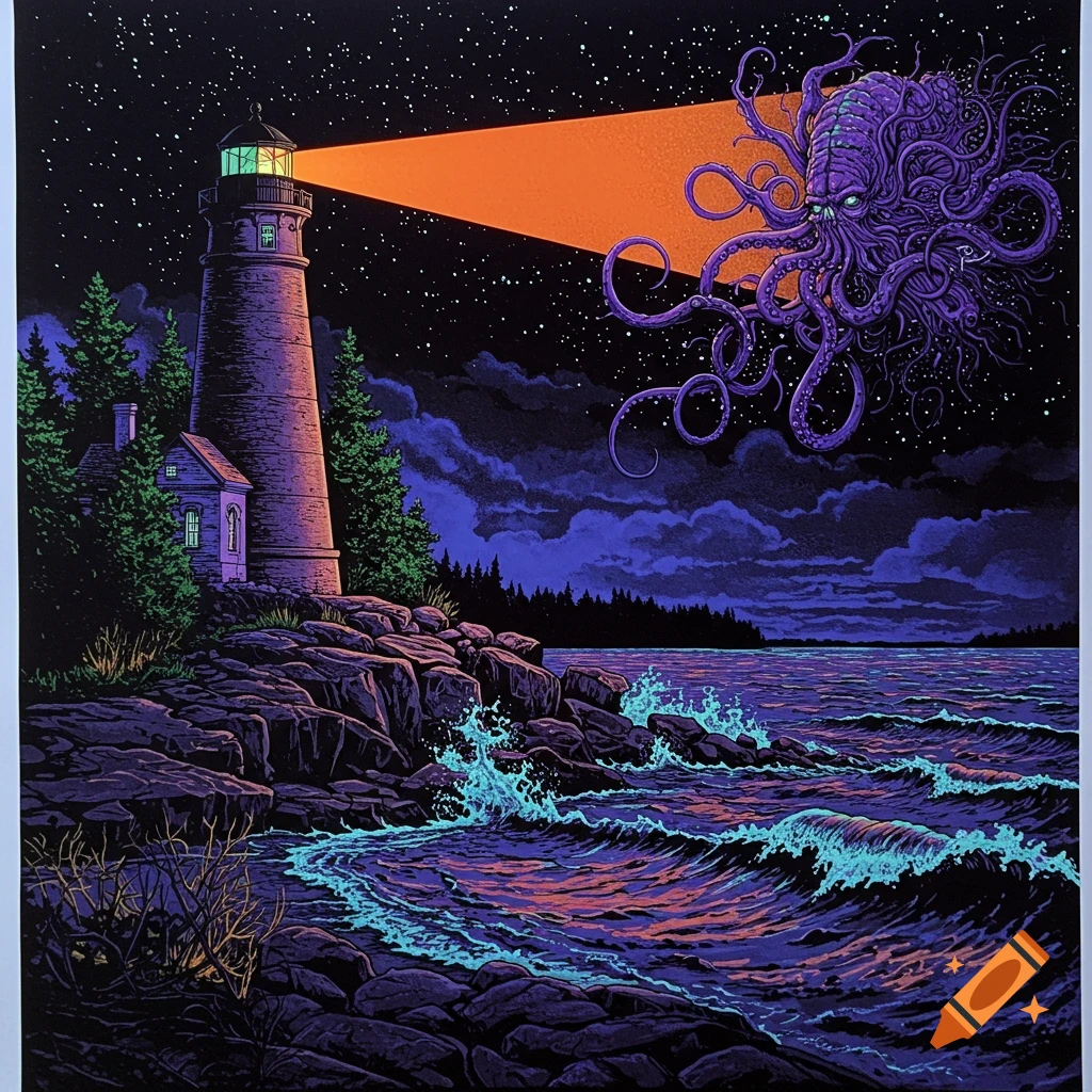 Black light poster of a lighthouse on a rocky shore, shining an orange beam at a purple cosmic horror monster in the night sky over a lake.