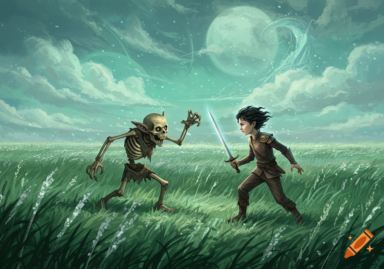 A boy with a glowing sword spars with a goblinoid skeleton in a moonlit grassy field, epic fantasy illustration.