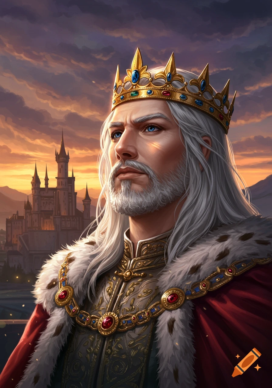 A majestic king with long white hair, a beard, and a golden crown, wearing a fur-trimmed robe, against a castle at sunset.