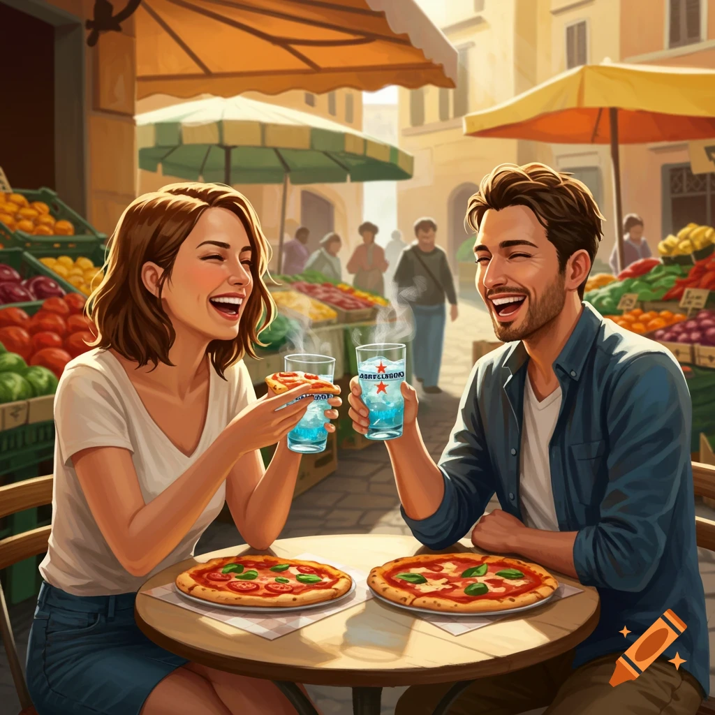 Cartoon style image of a man and woman laughing while eating pizza and drinking in an outdoor market.