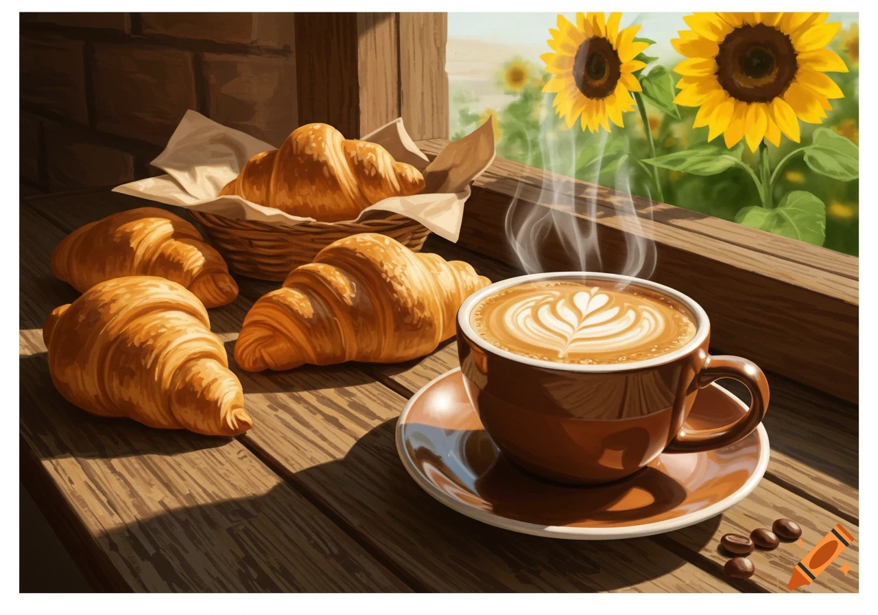 A steaming cup of latte with croissants on a wooden table by a window, with sunflowers outside, in an illustrative style.