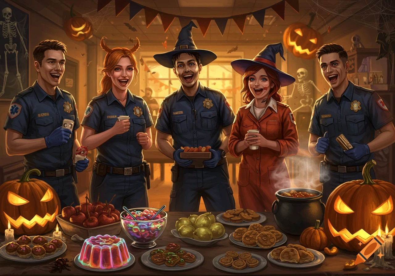 Five people, some dressed as paramedics with witch hats and antlers, celebrate Halloween around a buffet table filled with festive food and illuminated jack-o'-lanterns.