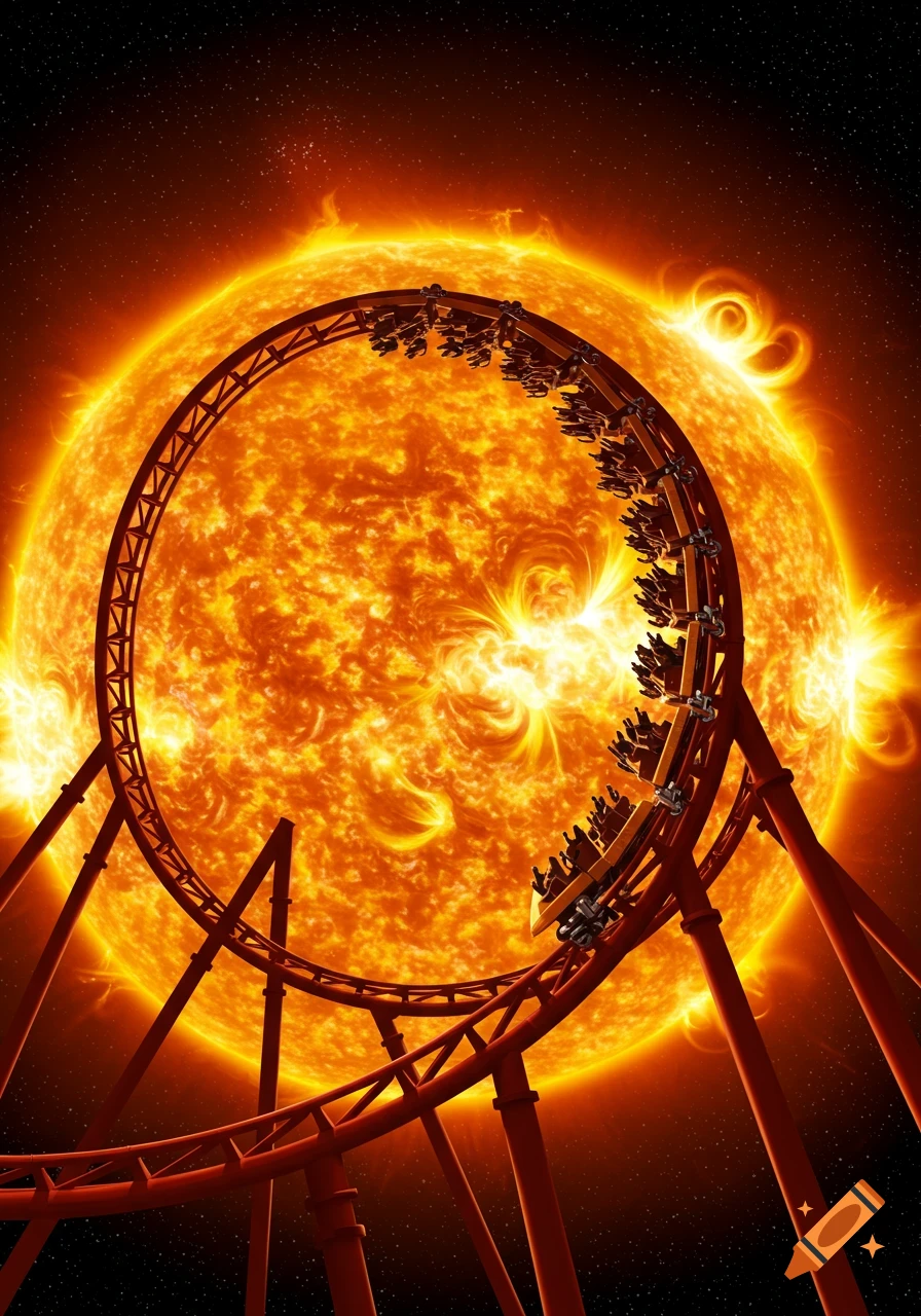 A bright red rollercoaster loops in front of a giant, fiery sun in space, with stars in the dark background.