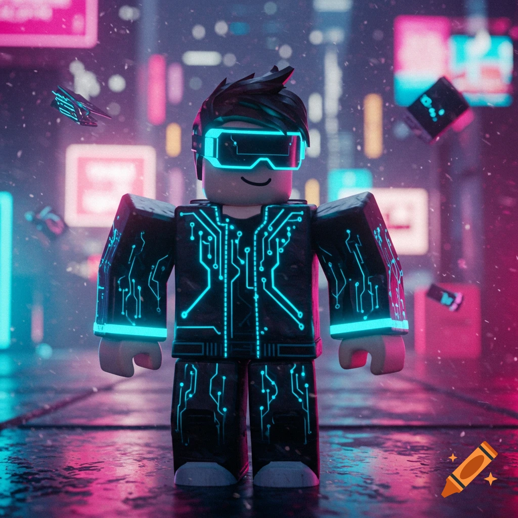 A Roblox-style avatar with glowing blue VR goggles and circuit suit stands in a neon cyberpunk city street at night.