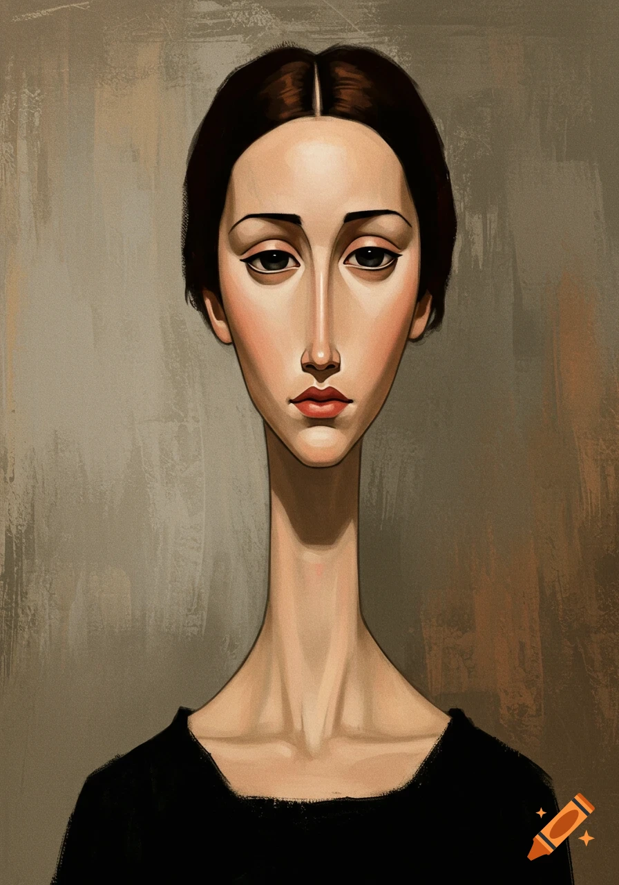 Stylized portrait of a woman with an elongated neck and face, in the Modigliani art style, against a textured background.