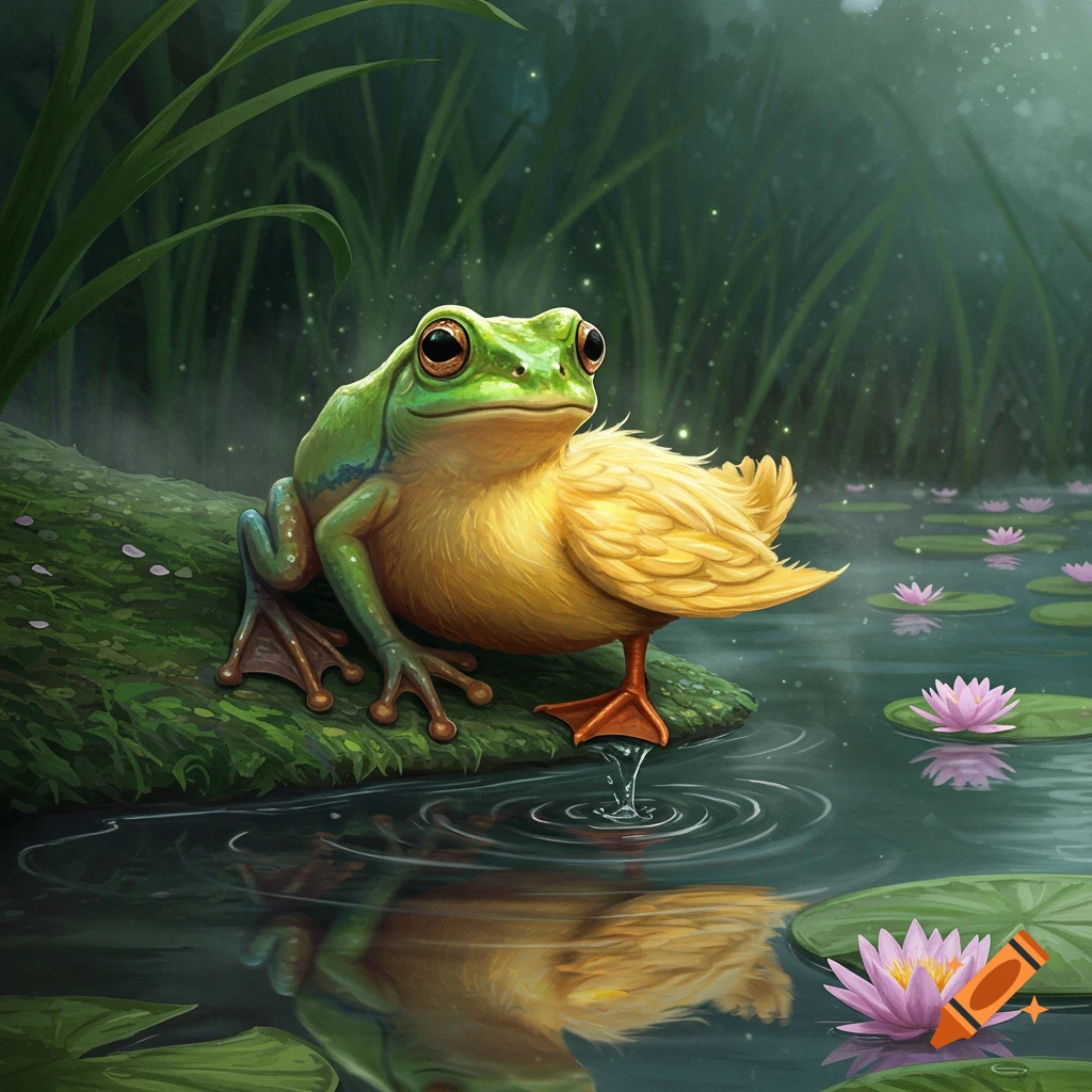 A vibrant green frog with a yellow feathered duck body and webbed foot sits on a mossy log in a mystical pond with lily pads.