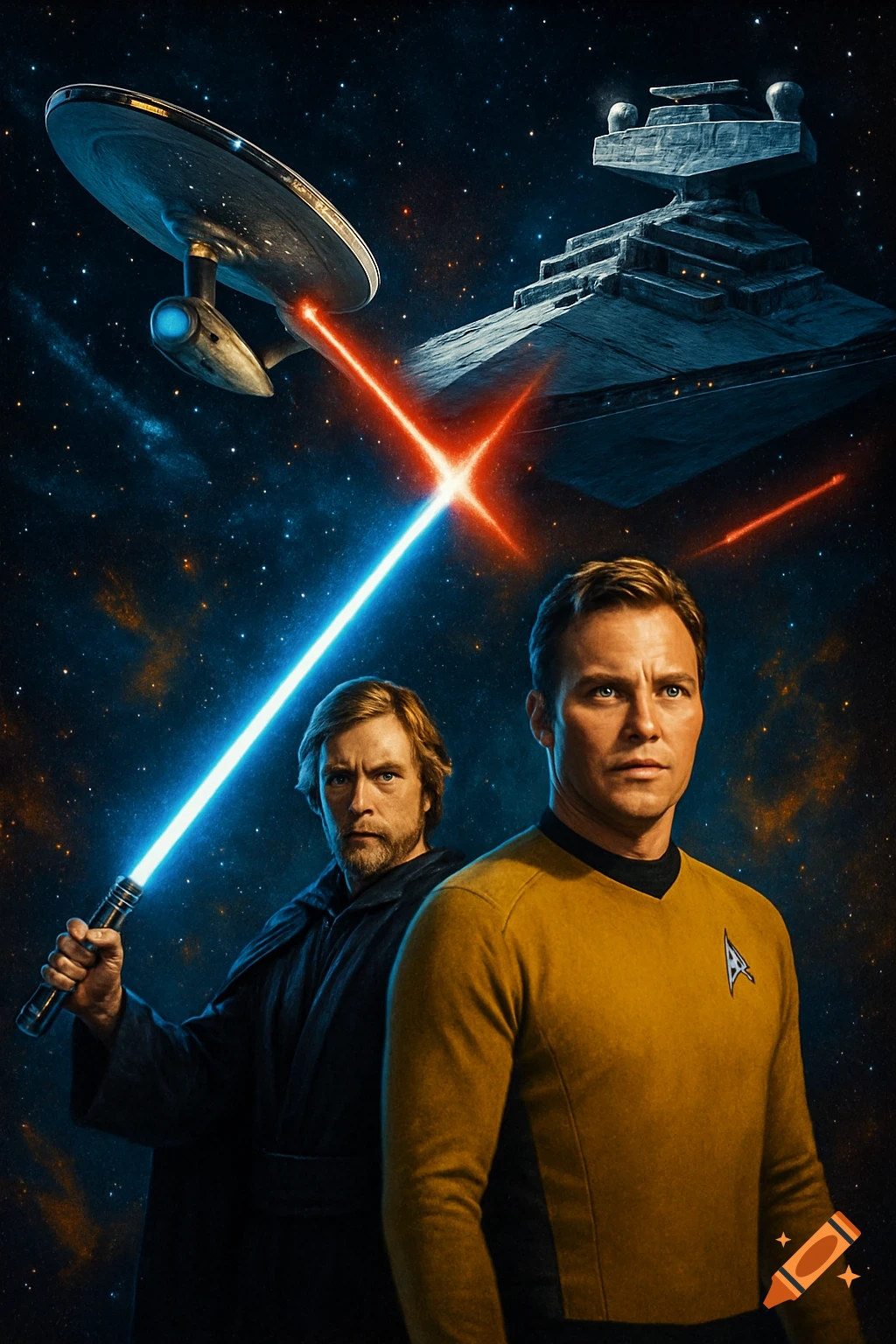Movie poster of Luke Skywalker and Captain Kirk with Star Trek and Star Wars ships and crossing lightsabers in space.