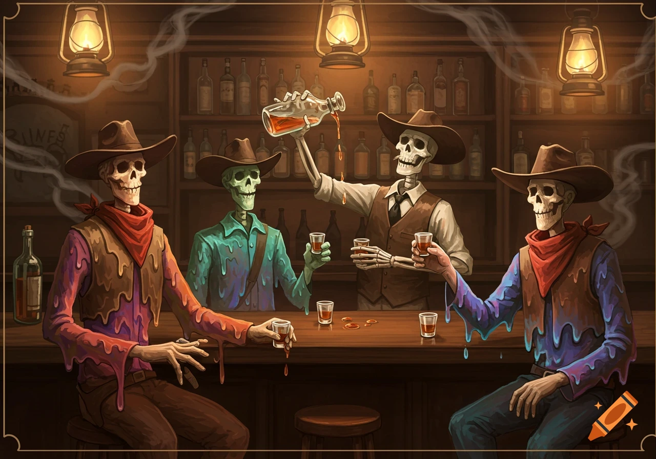 Four cartoon skeletons in cowboy hats drink shots at a dimly lit saloon, some are melting.