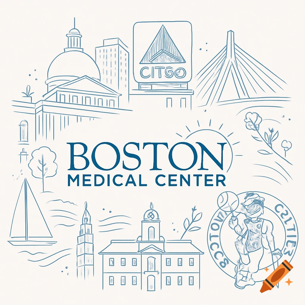 Line art illustration of Boston landmarks and logos including Boston Medical Center, Citgo, and the Celtics.