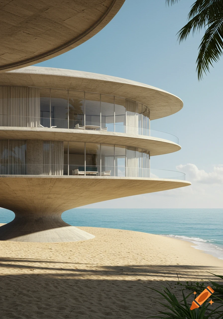 A photorealistic image of a modern, curved concrete beach house on a sandy shore by the ocean under a clear sky.