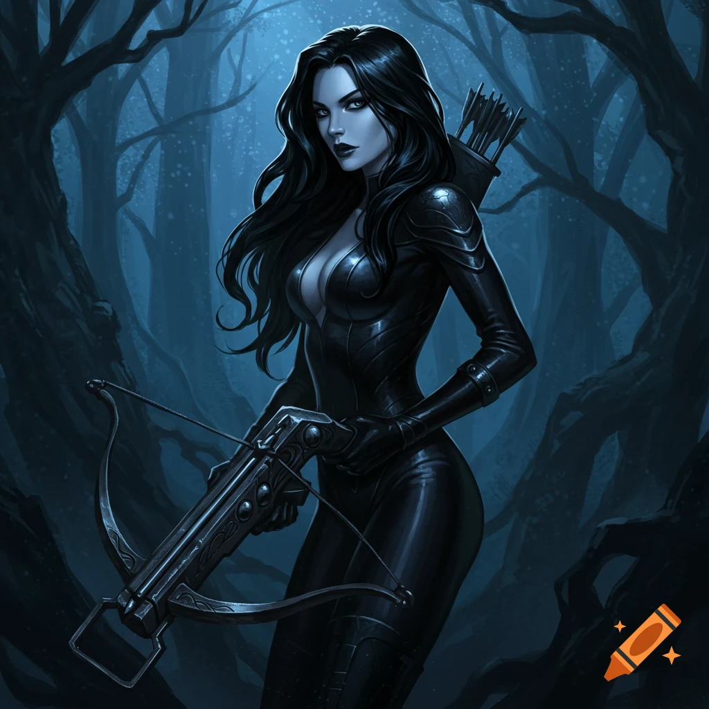 A dark-haired woman in a tight black outfit holds a large crossbow in a gloomy forest at night, digital art.