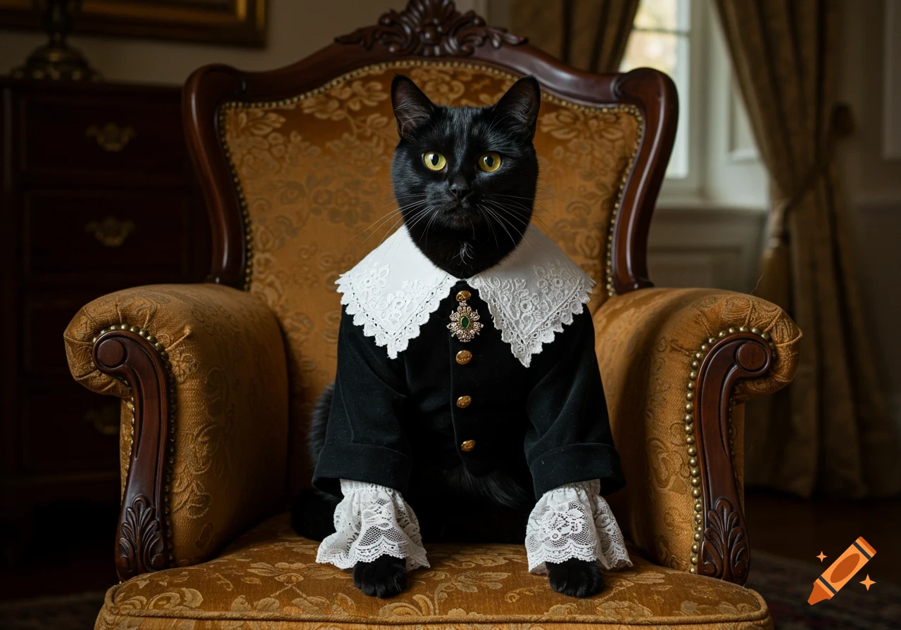 A dignified black cat in a black historical suit with a white lace collar sits on a gold ornate armchair.
