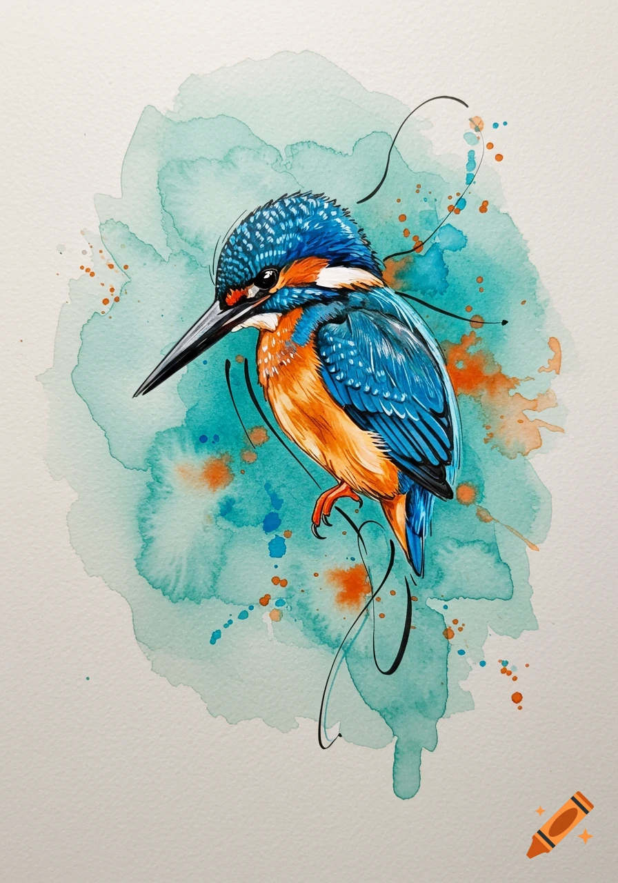 A vibrant watercolor painting of a kingfisher bird with blue and orange feathers against an abstract teal background with splatters.