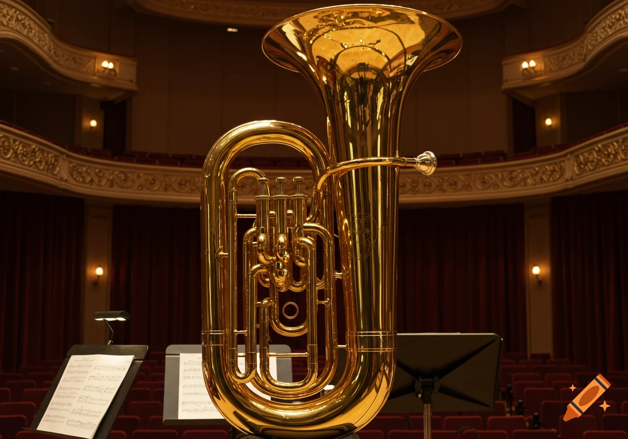 A golden tuba stands on a stage with music stands in a dimly lit concert hall with red seats.