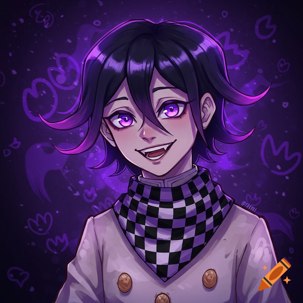 Close-up anime portrait of Kokichi Oma with purple hair, glowing purple eyes, a checkered scarf, and a mischievous smile.