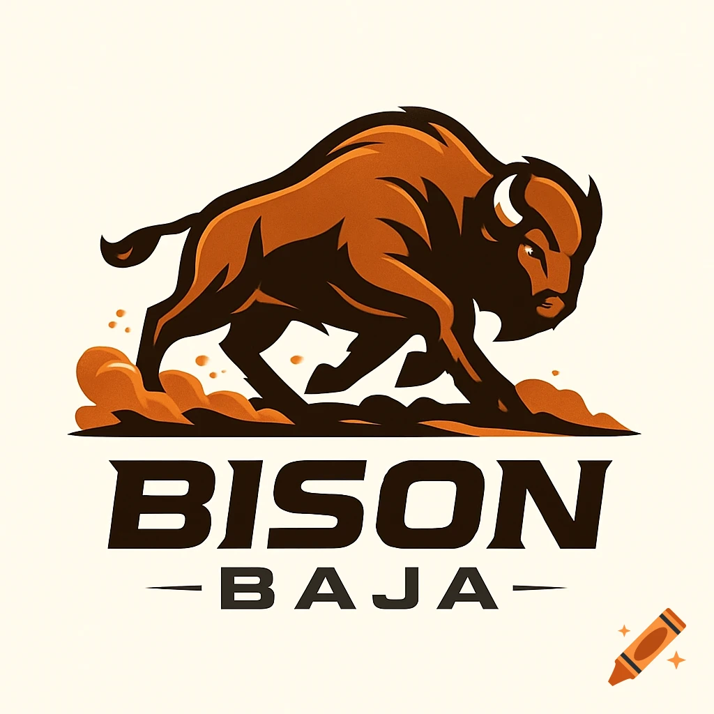 Stylized brown and orange bison logo charging, with 'BISON BAJA' text below.
