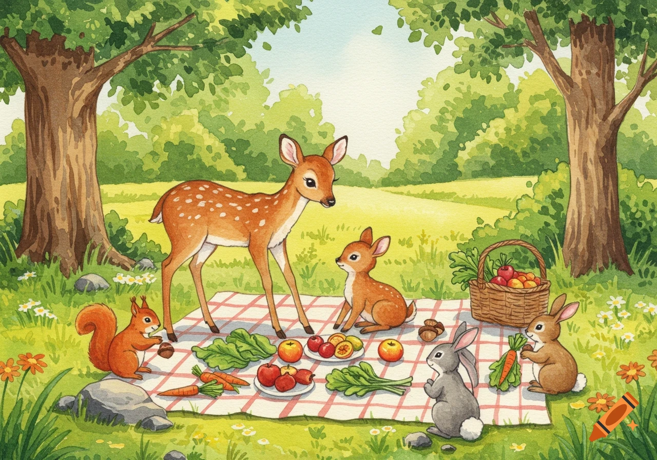 A watercolor illustration of forest animals having a picnic on a red and white checkered blanket in a sunny meadow.