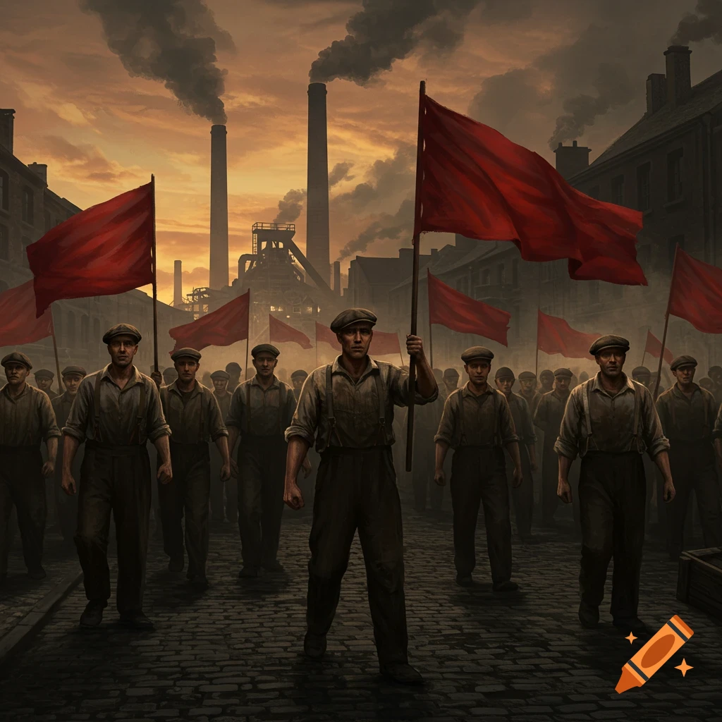 Digital art of men in the Industrial Revolution era carrying red flags, marching past smoky factories.