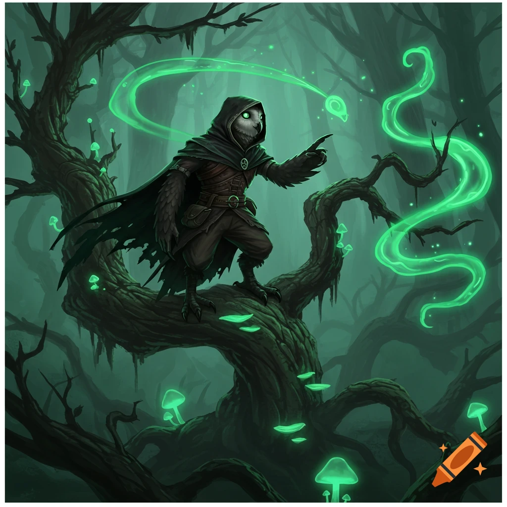 A hooded owlin rogue with glowing eyes stands on a gnarled tree, casting green magic in a dark, mushroom-filled fantasy forest.