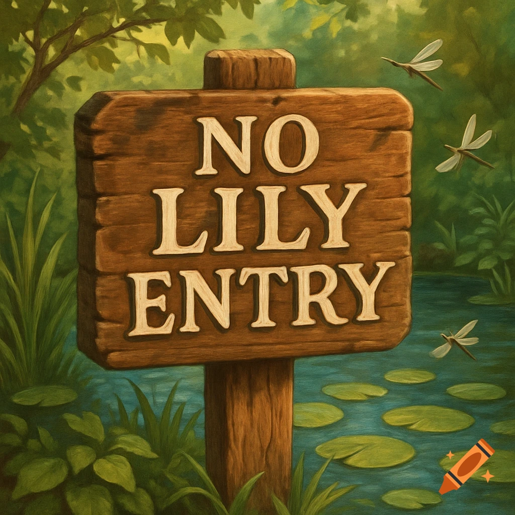A painterly illustration of a wooden 'NO LILY ENTRY' sign by a pond with lily pads, lush plants, and dragonflies.