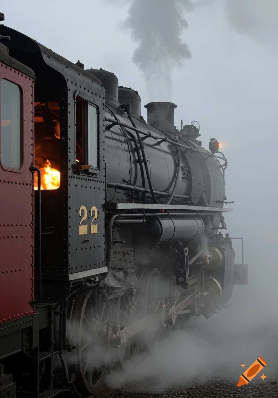 A black steam train, with the number 22 on its side, billows smoke and steam as fire glows from its cab.