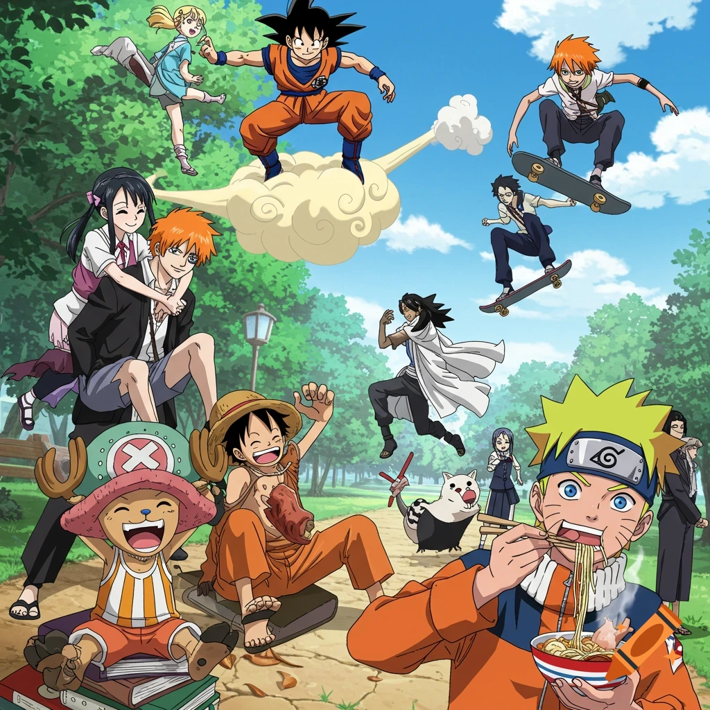 Iconic anime characters Goku, Ichigo, Naruto, Luffy, Chopper, and others are seen enjoying a sunny day in a park.